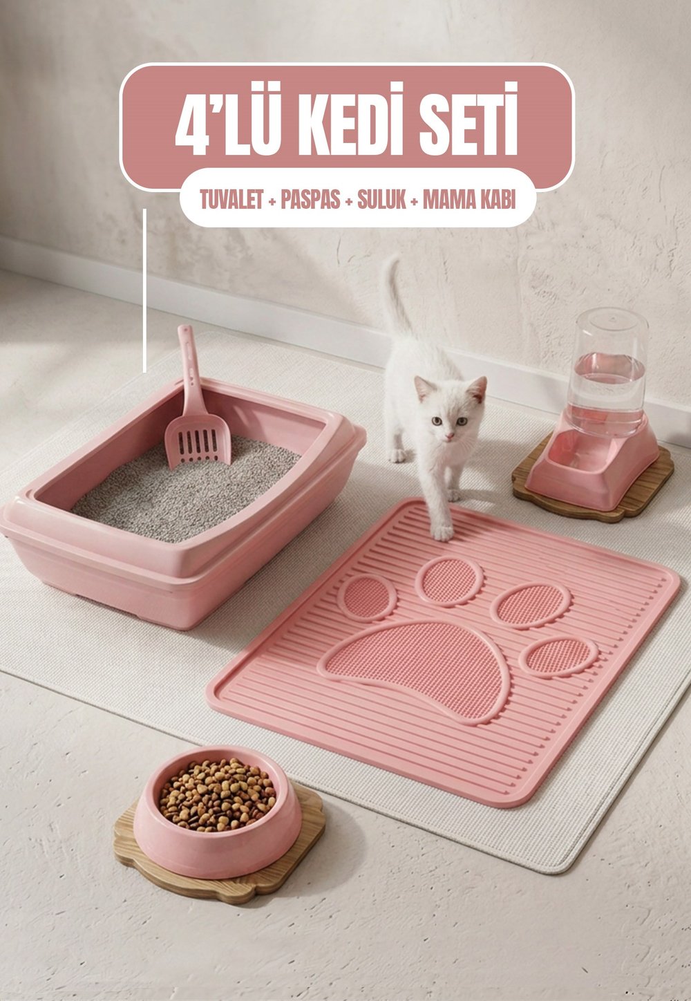 Açık 4lü Kedi Seti (Tuvalet + Suluk + Mama Kabı + Paspas)