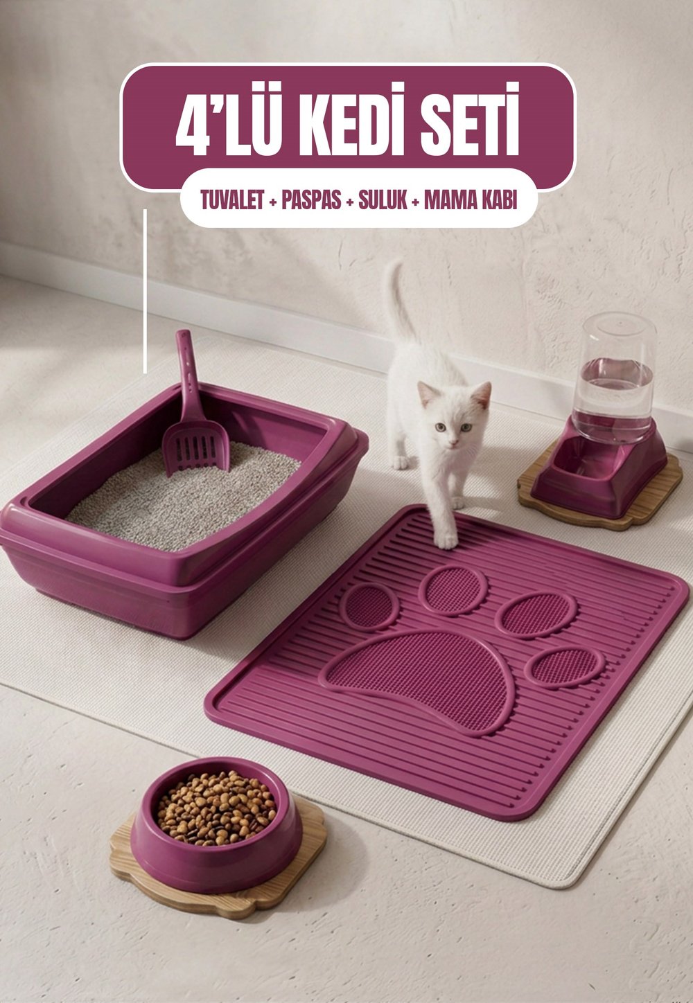 Açık 4lü Kedi Seti (Tuvalet + Suluk + Mama Kabı + Paspas)