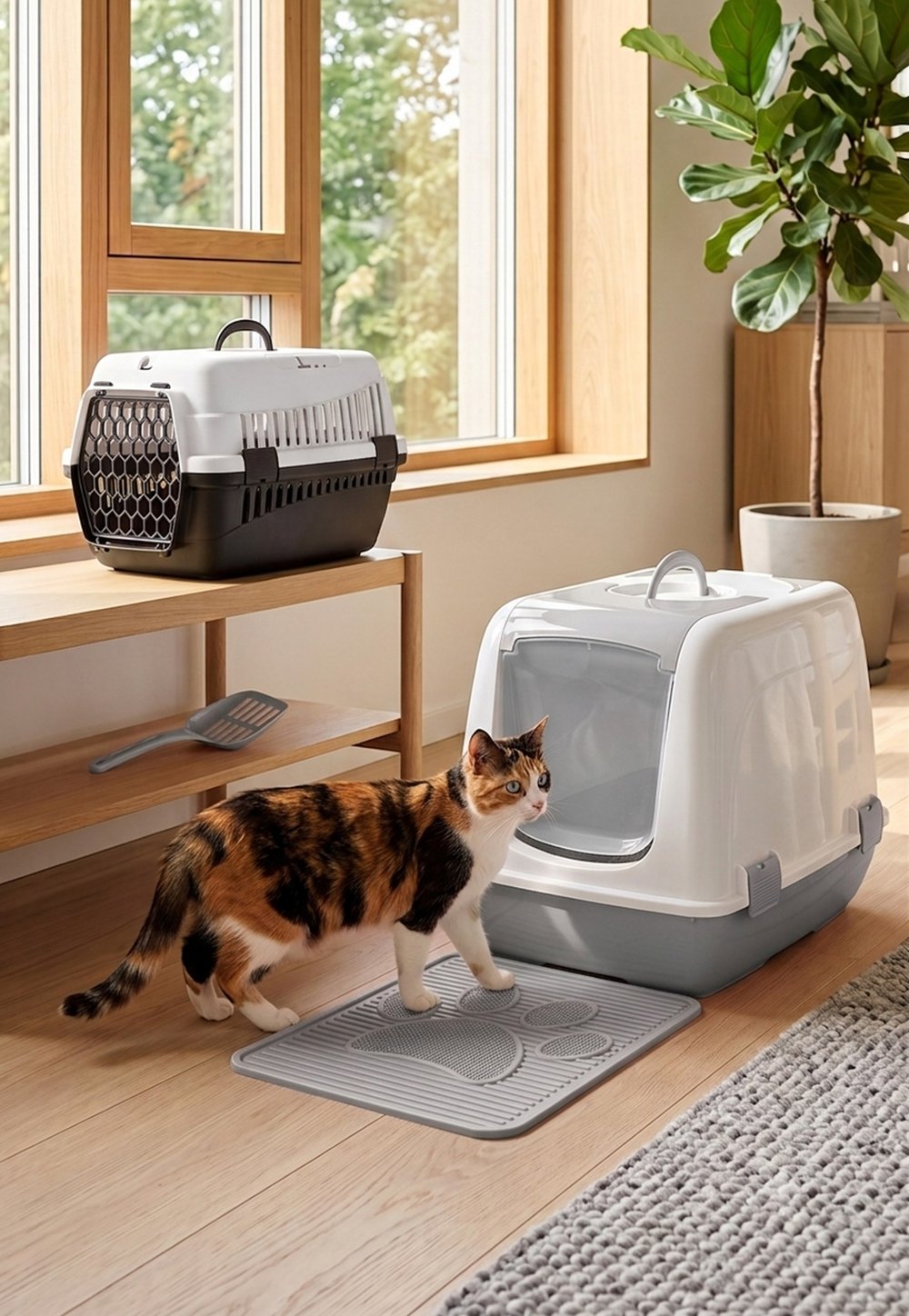 Elekli Kapalı Kedi Tuvaleti Başlangıç Seti - Taşıma Çantası, Paspas  (Kürek ve Mama Kapı Hediyeli)