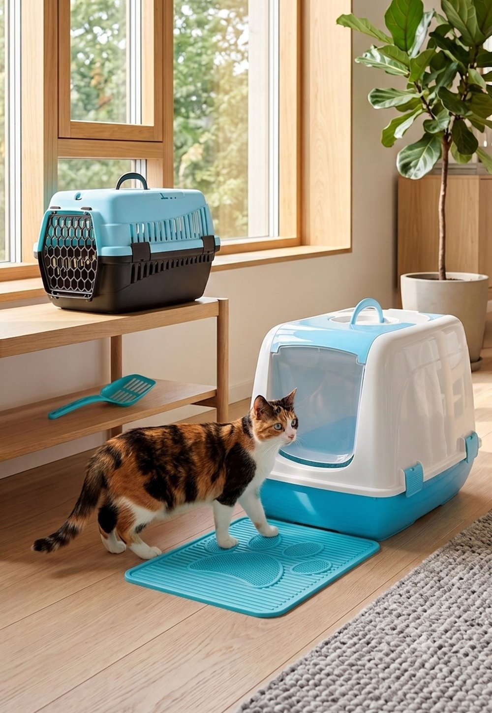 Elekli Kapalı Kedi Tuvaleti Başlangıç Seti - Taşıma Çantası, Paspas  (Kürek ve Mama Kapı Hediyeli)