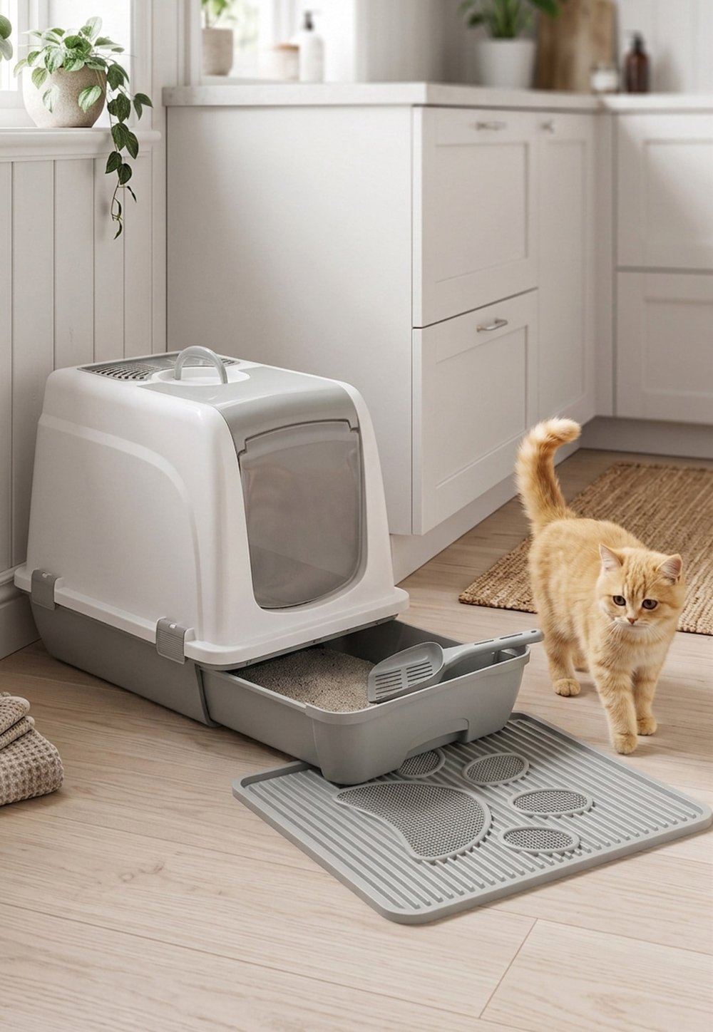 Orta Boy Çekmeceli Kapalı Kedi Tuvaleti + Paspas Seti (Kürek Hediyeli)