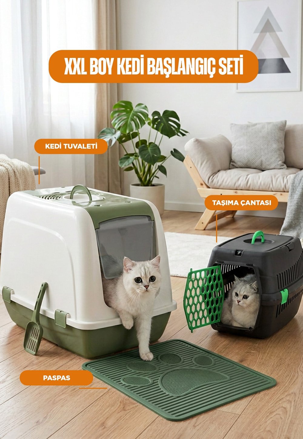 XXL Kedi Başlangıç Seti  (Kedi Tuvaleti+Paspas+Taşıma Çantası)