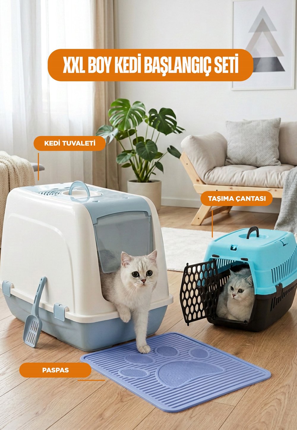 XXL Kedi Başlangıç Seti  (Kedi Tuvaleti+Paspas+Taşıma Çantası)