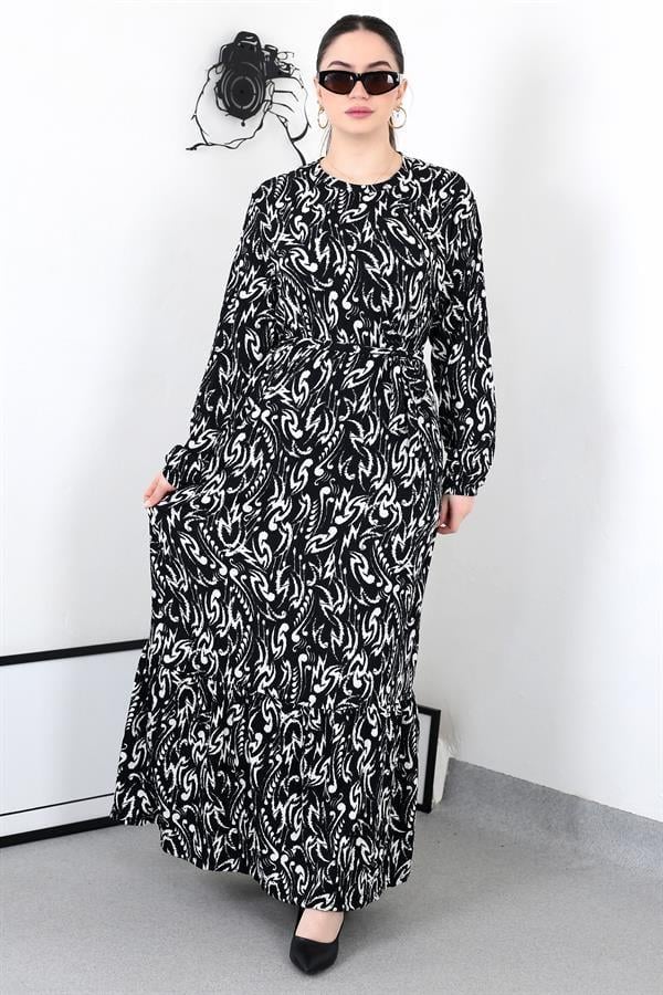 SİYAH MOTİF KUŞAKLI BATTAL ELBİSE 8462