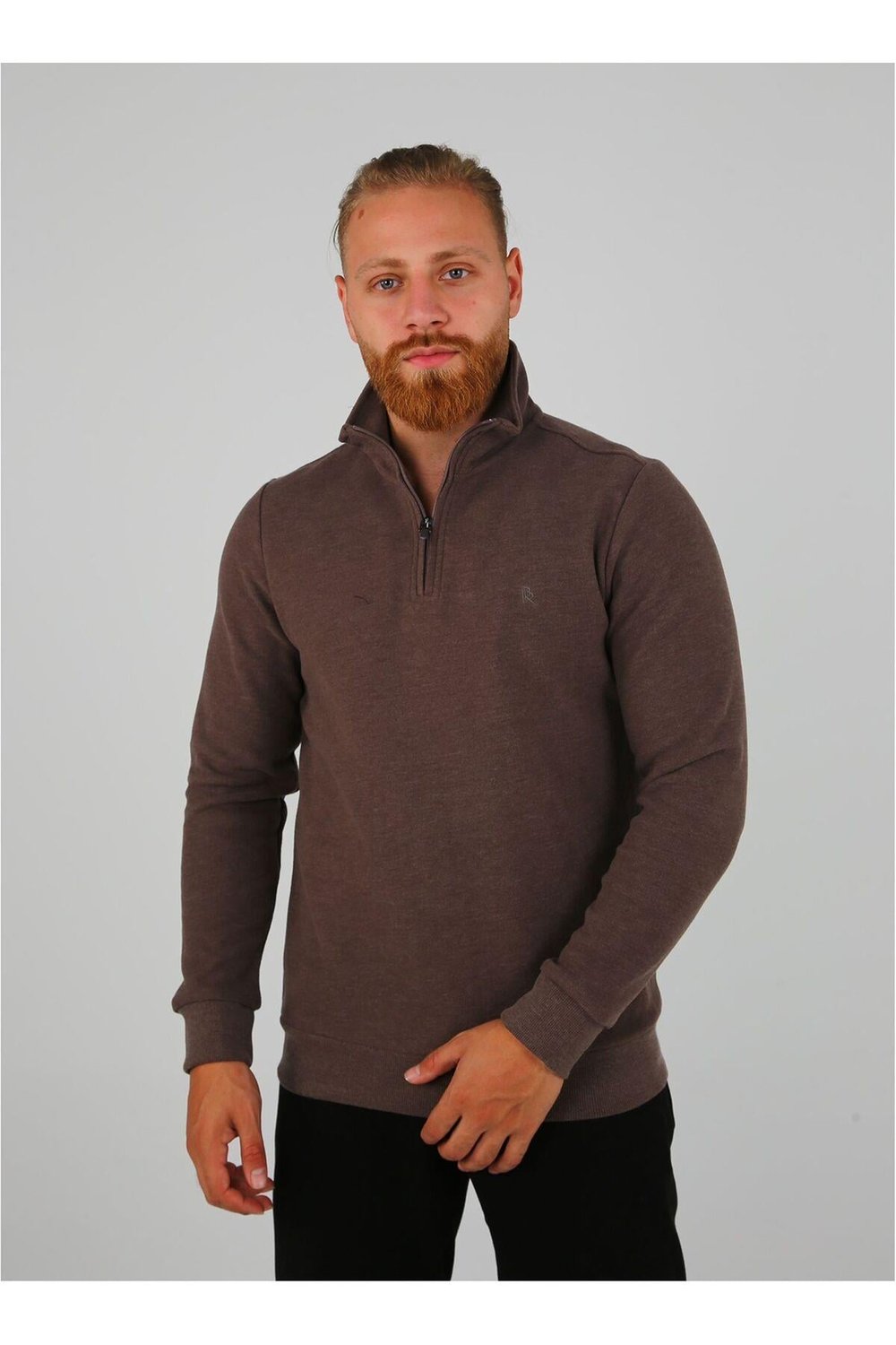 DİK YAKA FERMUARLI SELANİK KUMAŞ SWEATSHİRT