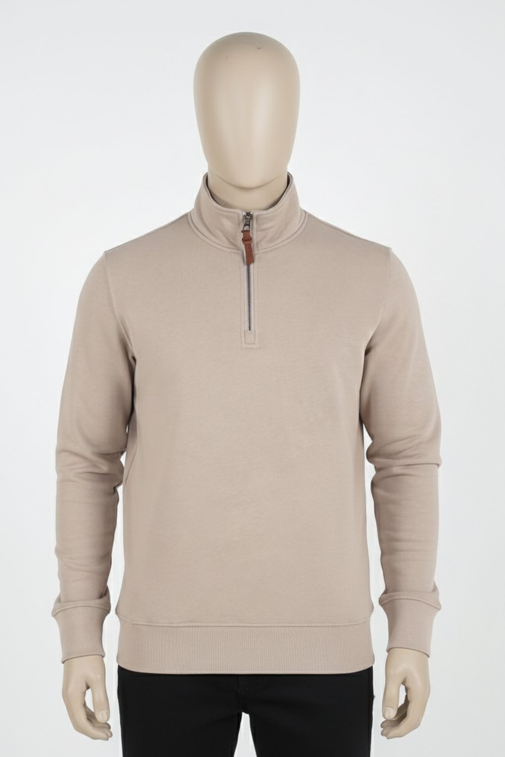 Erkek Dik Yaka Fermuarlı Slim Fit Sweatshirt BEJ