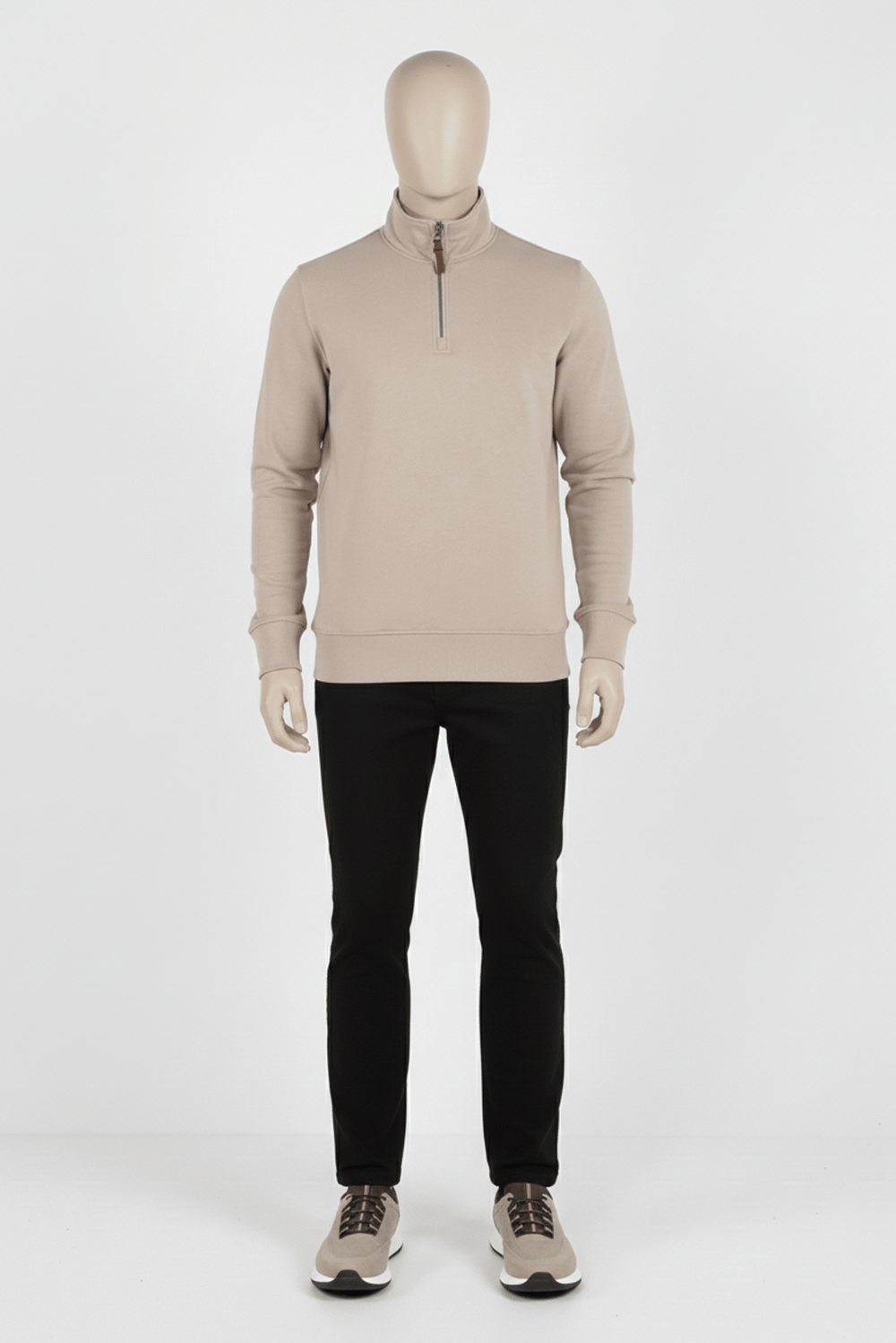 Erkek Dik Yaka Fermuarlı Slim Fit Sweatshirt BEJ
