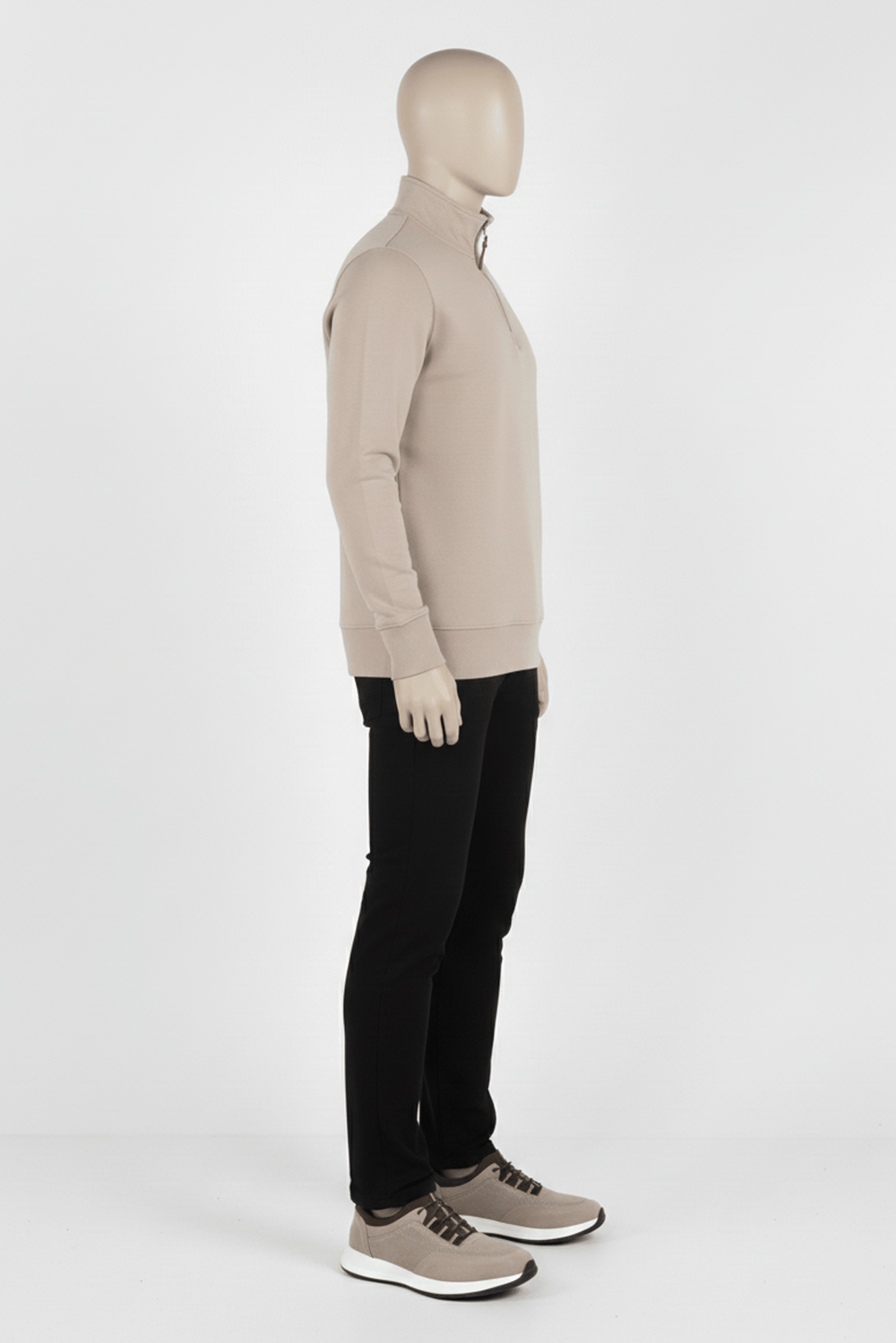 Erkek Dik Yaka Fermuarlı Slim Fit Sweatshirt BEJ
