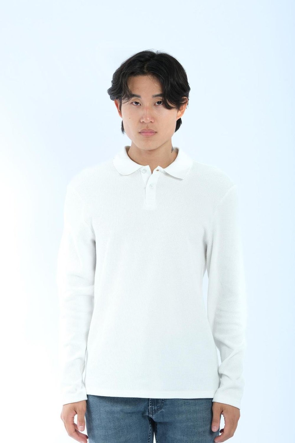 JS Polo Yaka Düğmeli Waffle Sweat Beyaz