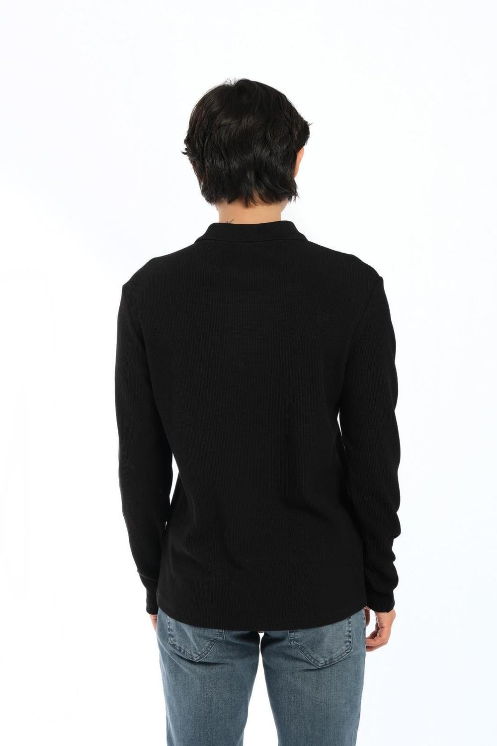 JS Polo Yaka Düğmeli Waffle Sweat Siyah
