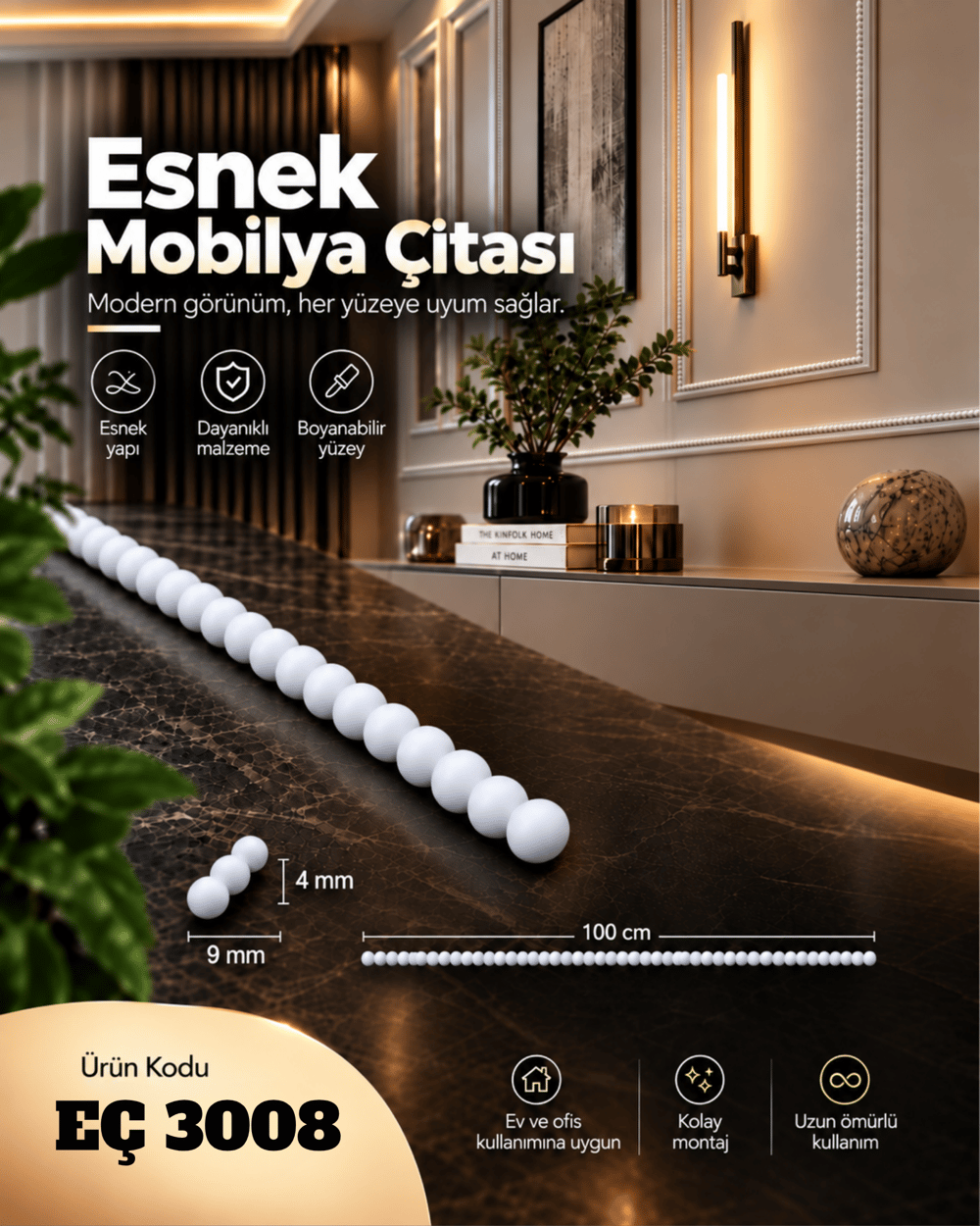 ESNEK ÇITA , ESNEK BONCUK MODEL MOBİLYA VE DUVAR ÇITASI EÇ 3008 (100 CM)