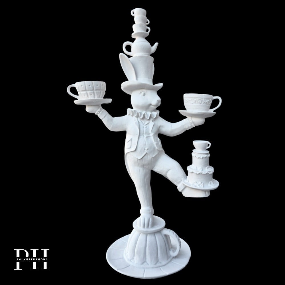 Ob 2687 - Fincanlı Alice Tavşan Biblo Ham Polyester Ev , Bahçe Dekoratif Obje