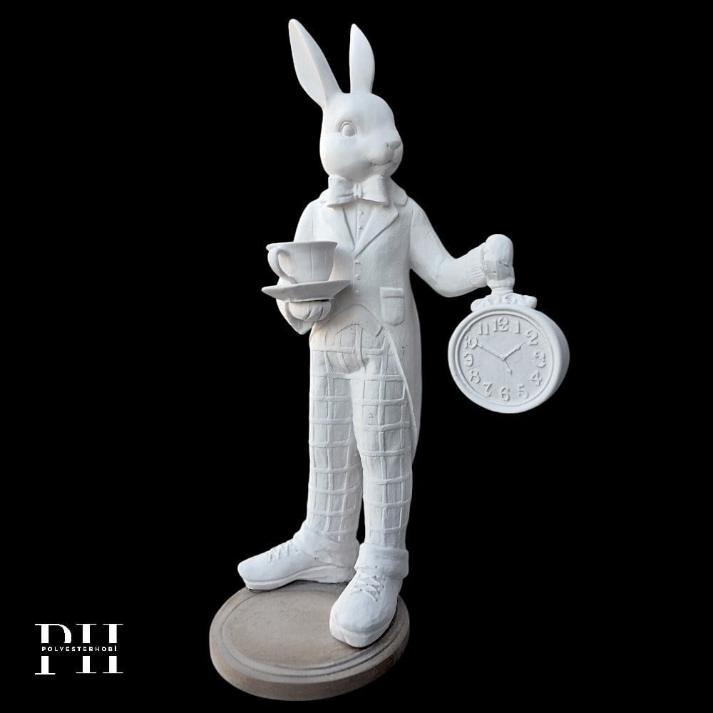Ob 2688 - Saatli Alice Tavşan Biblo Ham Polyester Ev , Bahçe Dekoratif Obje