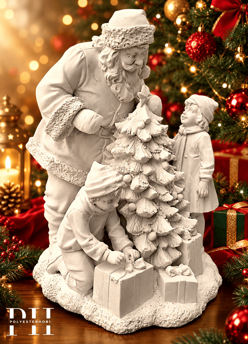 OB 2727 - Noel Baba Ve Çocuklar Biblo Heykel Ham Polyester Yılbaşı Obje