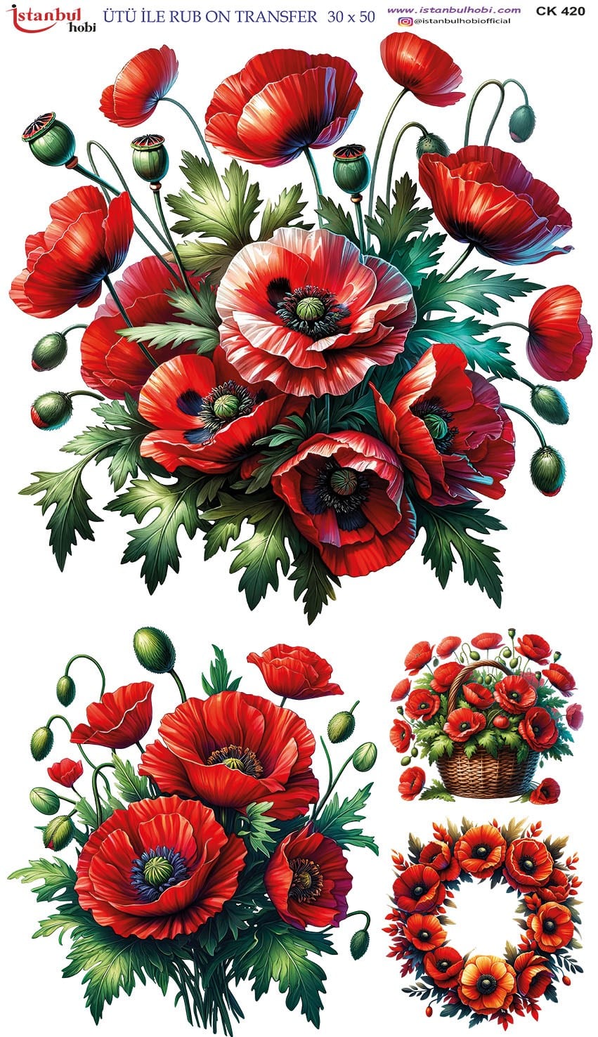 Ütü İle Baskı Transfer Kumaş Ve Ahşap Rubon 30 x 50 cm Gelincik Çiçek CK 420