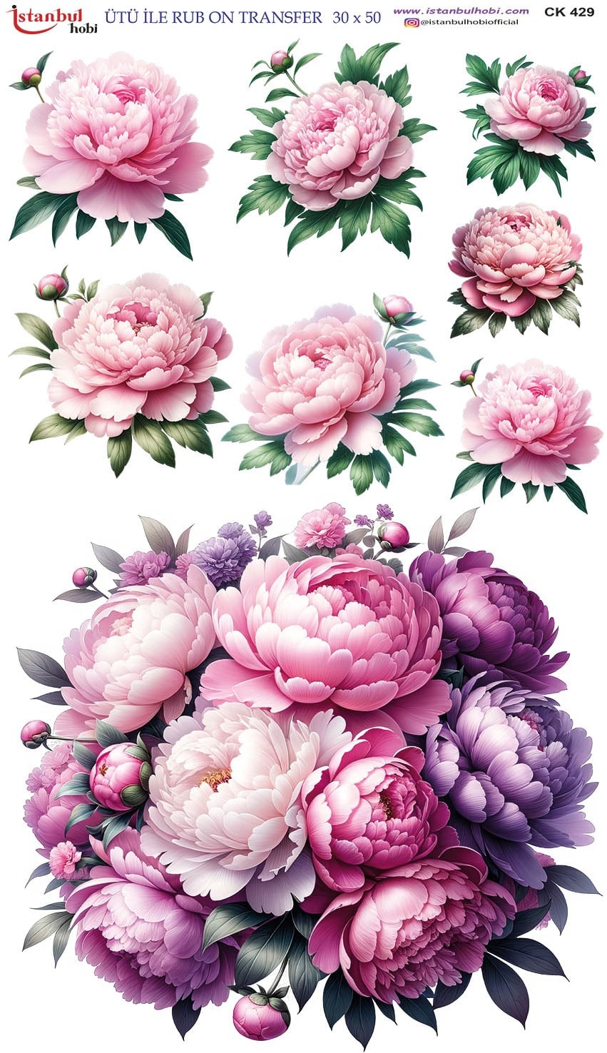 Ütü İle Baskı Transfer Kumaş Ve Ahşap Rubon 30 x 50 cm Çiçek CK 429