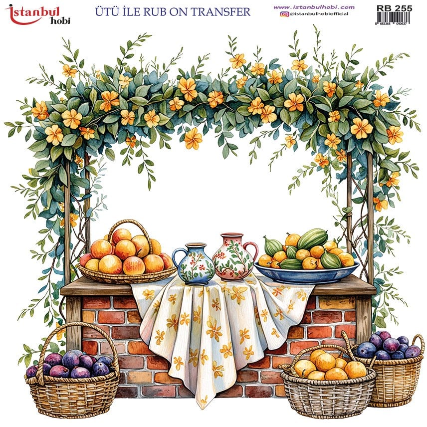 Ütü İle Baskı Transfer Kumaş Ve Ahşap Rubon 30 x 30 cm Meyve Ve Çiçekler Desenli RB 255