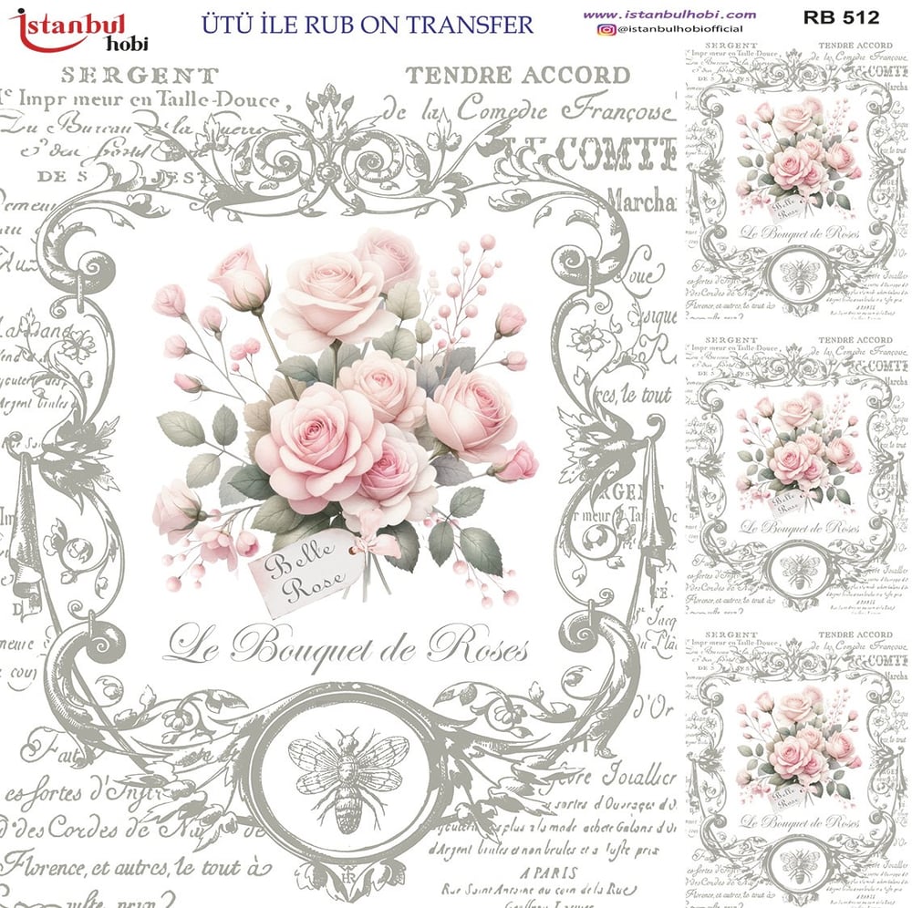 Ütü İle Baskı Transfer Kumaş Ve Ahşap Rubon 30 x 30 cm  Vintage Gül Detaylı RB 512