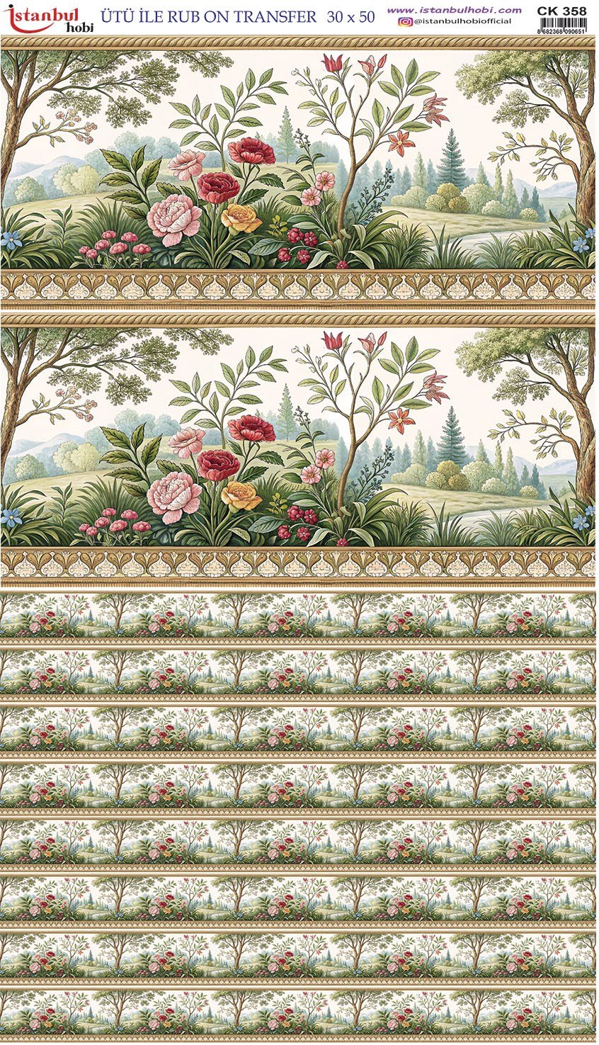 Ütü İle Baskı Transfer Kumaş Ve Ahşap Rubon 30 x 50 cm Manzara ve Çiçek CK 358