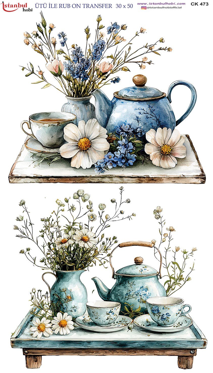 Ütü İle Baskı Transfer Kumaş Ve Ahşap Rubon 30 x 50 cm Çay Saati CK 473