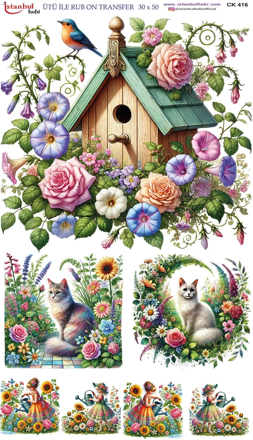 Ütü İle Baskı Transfer Kumaş Ve Ahşap Rubon 30 x 50 cm Kedi ve Çiçek CK 416