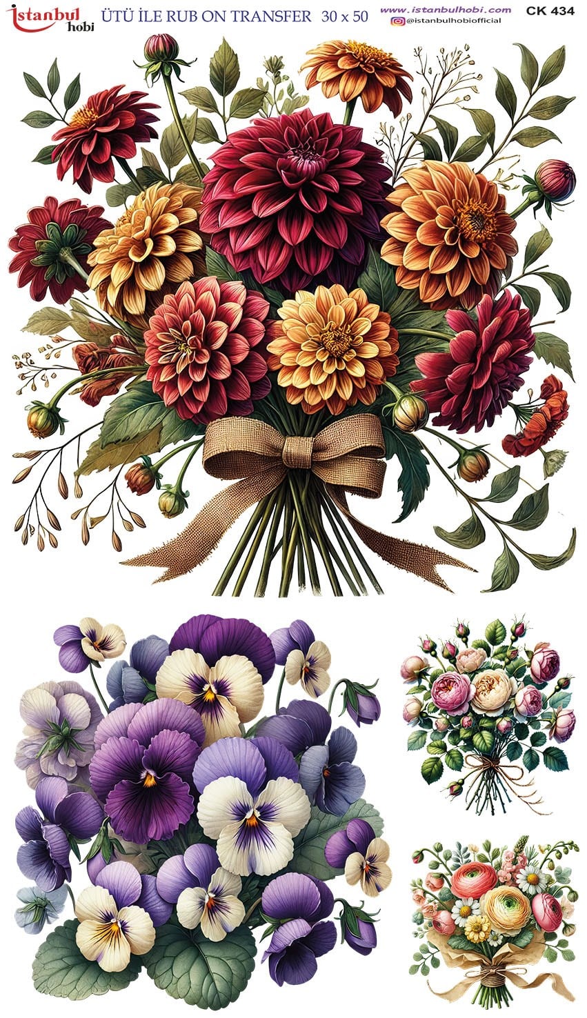 Ütü İle Baskı Transfer Kumaş Ve Ahşap Rubon 30 x 50 cm Çiçek CK 434
