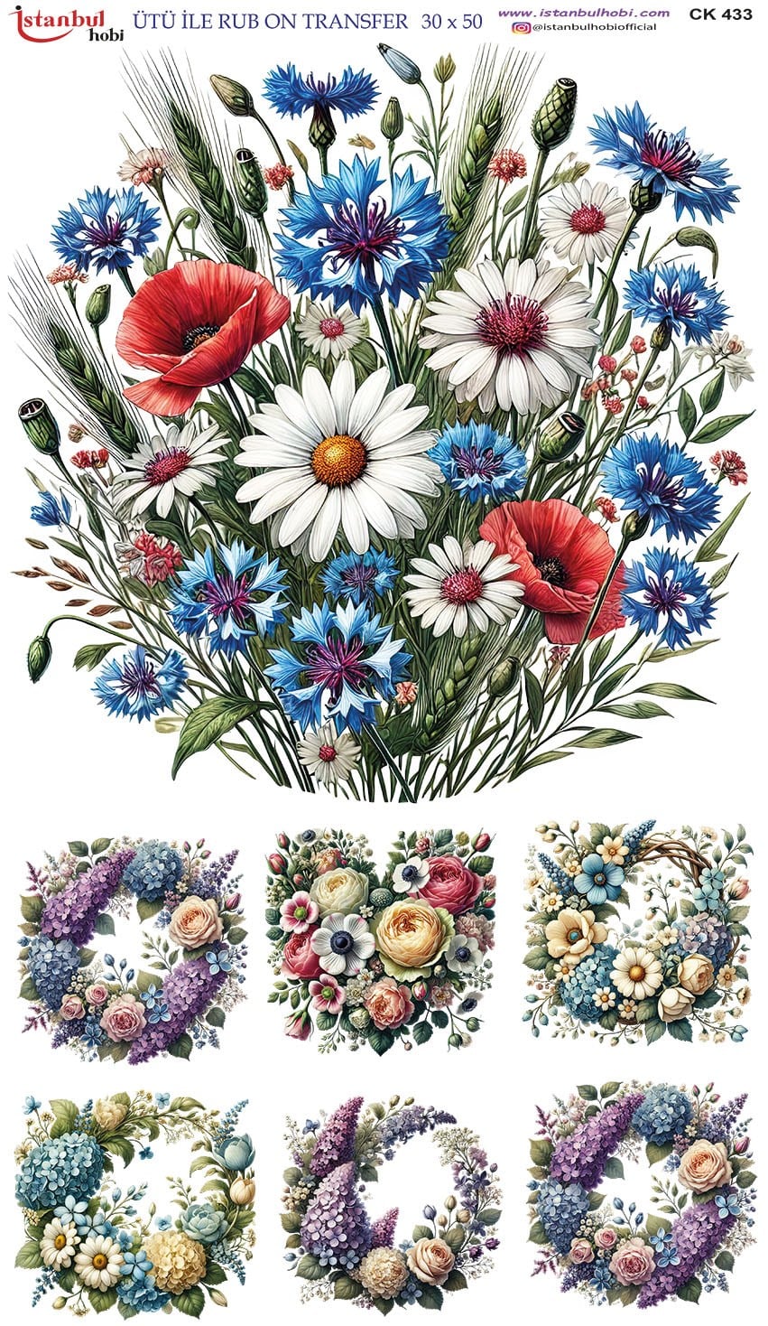 Ütü İle Baskı Transfer Kumaş Ve Ahşap Rubon 30 x 50 cm Çiçek CK 433