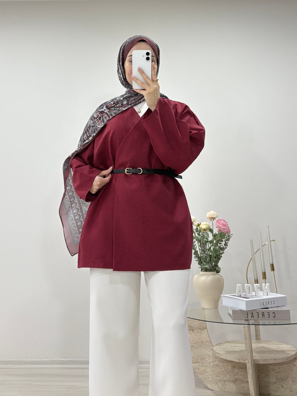 DERİ KEMERLİ CEKET BORDO