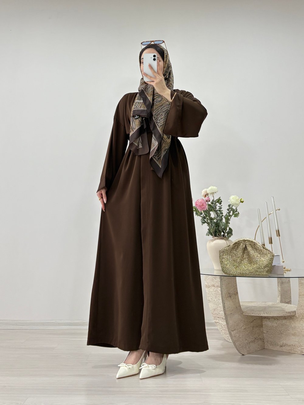 KEMERLİ ŞİFON ABAYA KAHVE