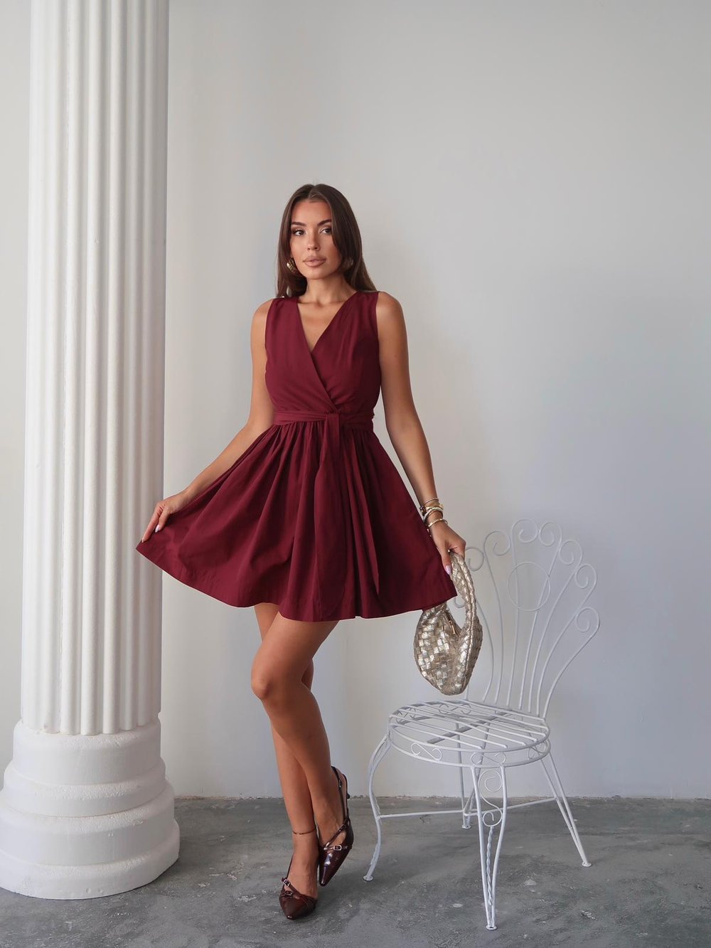 Bağlamalı Poplin Kumaş Mini Elbise - 1034