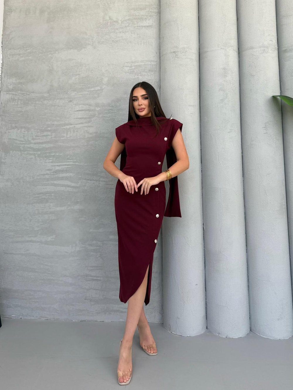 Düğme Detay Midi Boy Elbise - 3012