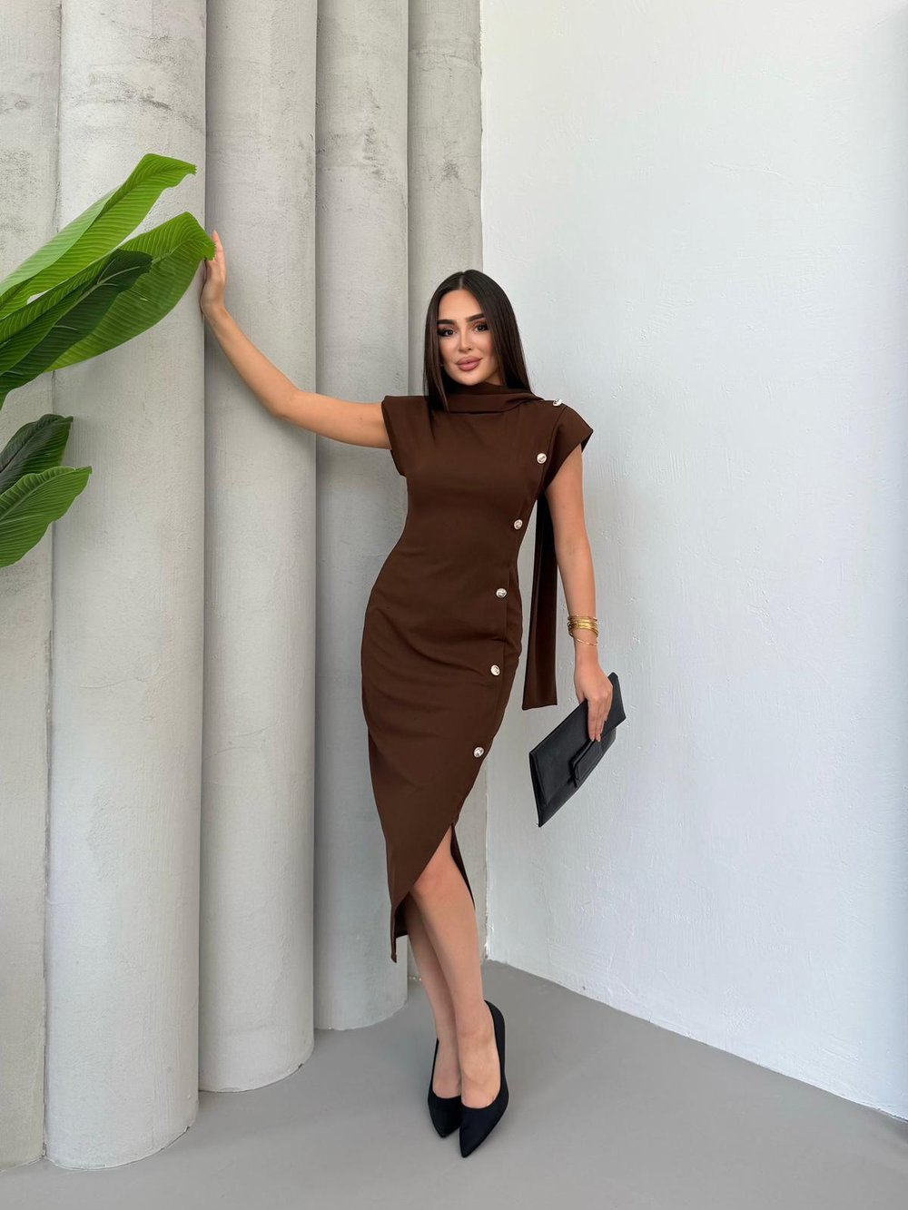 Düğme Detay Midi Boy Elbise - 3012