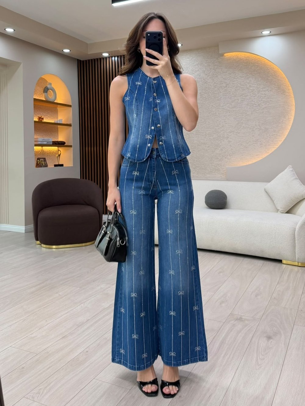 Fiyonk Desenli Denim Yelek Pantolon Takım NVM-30196