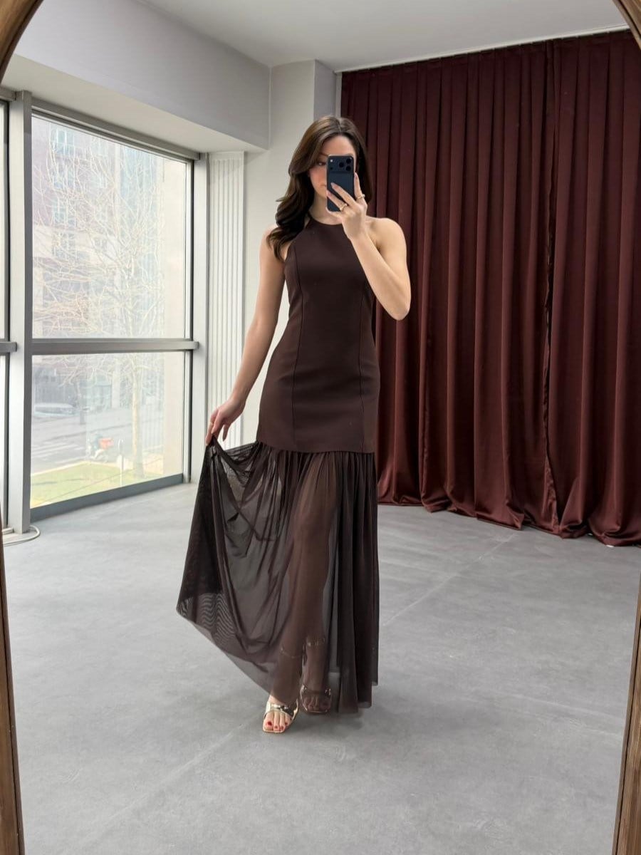 Halter Yaka Şifon Detaylı Uzun Elbise NVM-20026