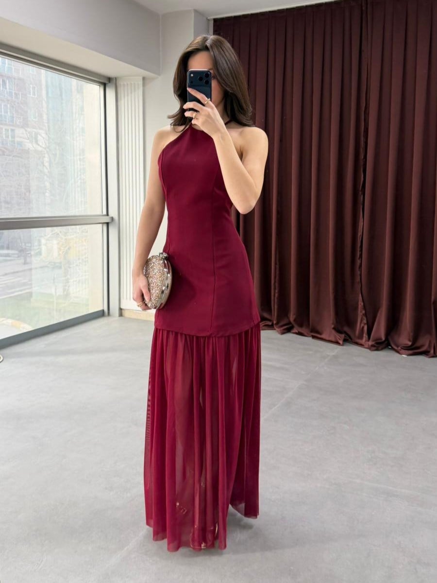 Halter Yaka Şifon Detaylı Uzun Elbise NVM-20026