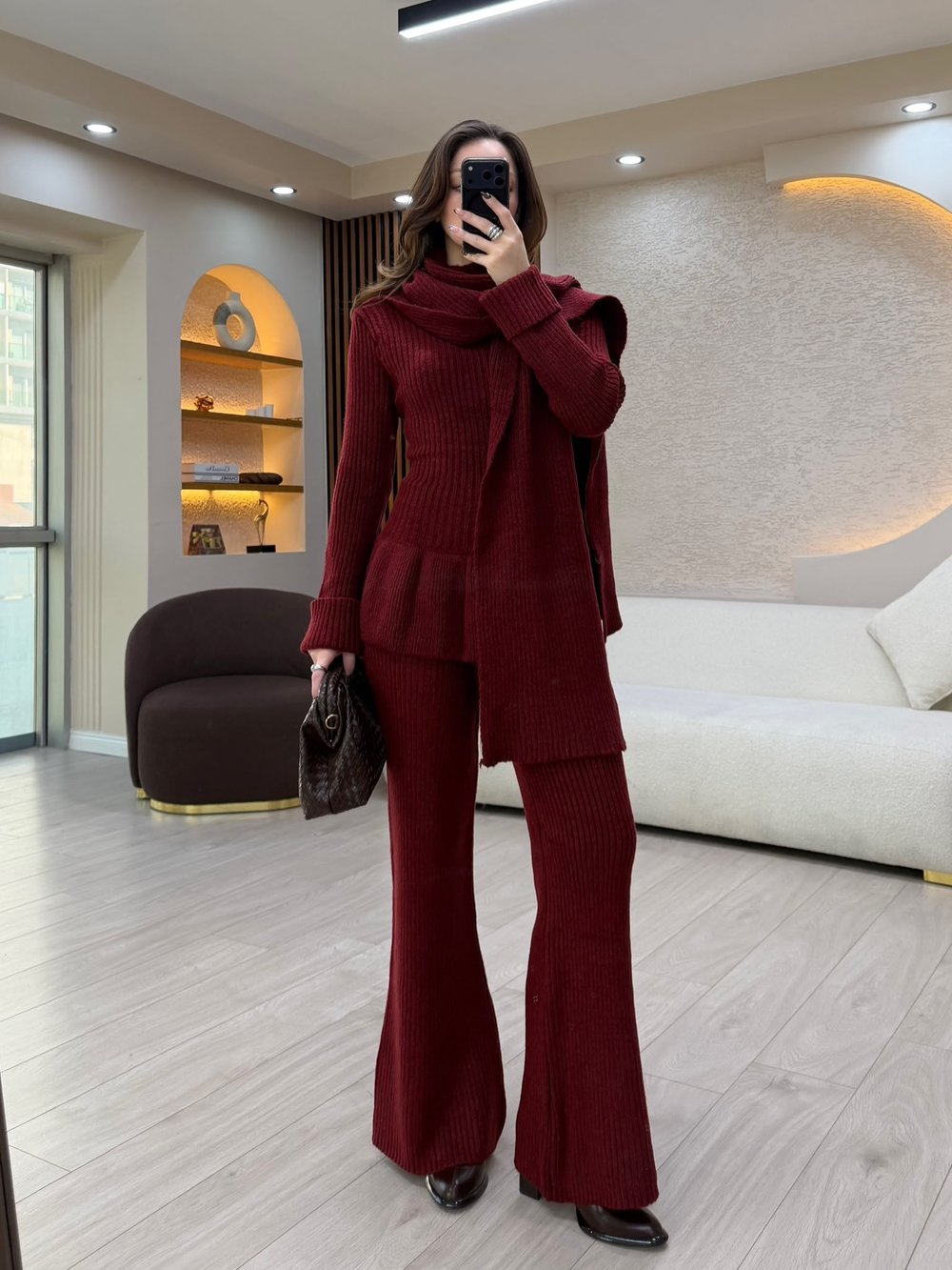 Şal Detaylı 3'lü Triko Takım NVM-2046