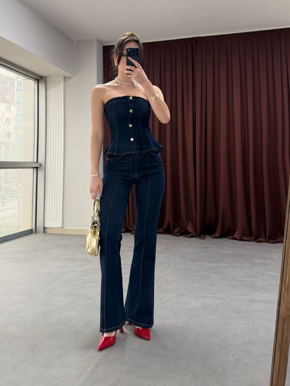 Straplez Alt Üst Denim Düğme Detaylı Takım NVM-30001