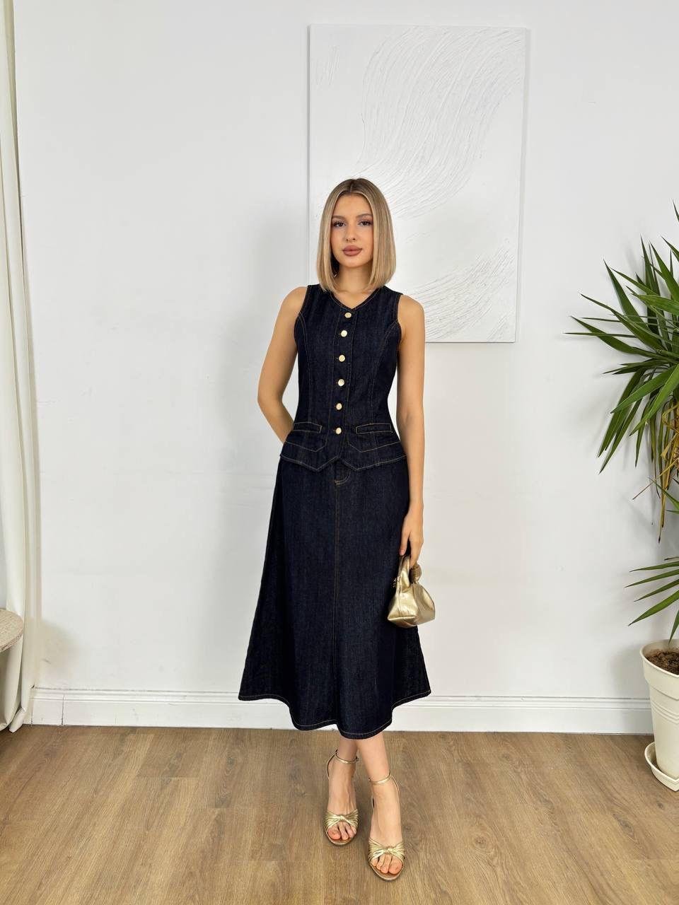 Zarif Kesim Denim Midi Elbise NVM-30018
