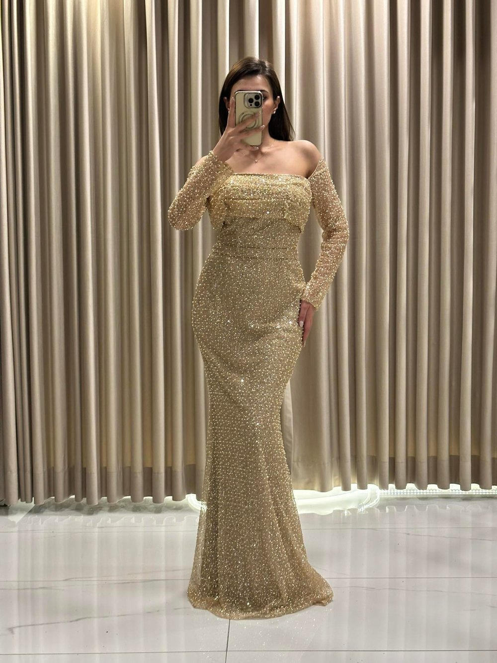 Gold Kayık Yaka Uzun Kollu Abiye Elbise | Kaleiçi Yıldızlar