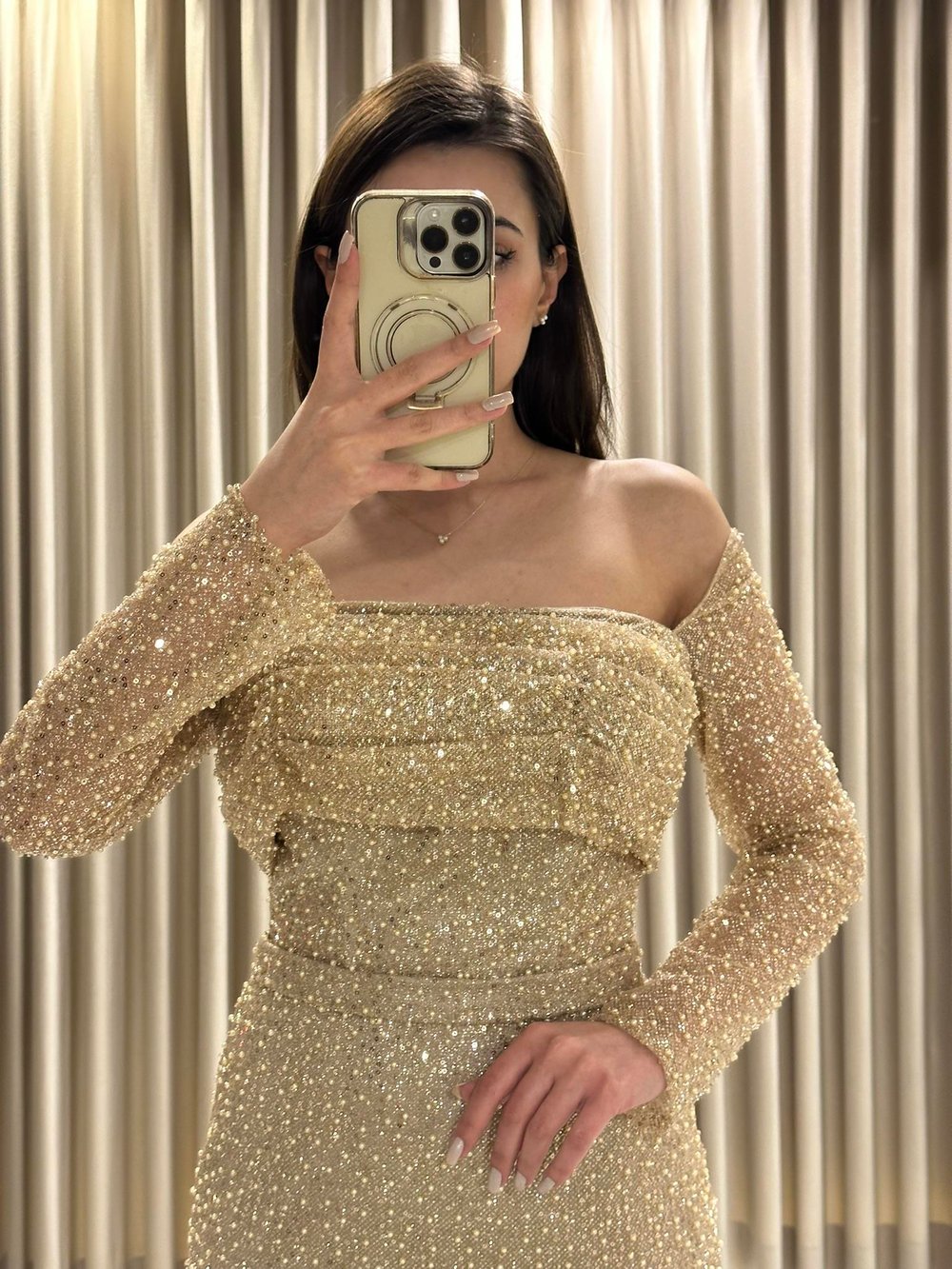 Gold Kayık Yaka Uzun Kollu Abiye Elbise | Kaleiçi Yıldızlar