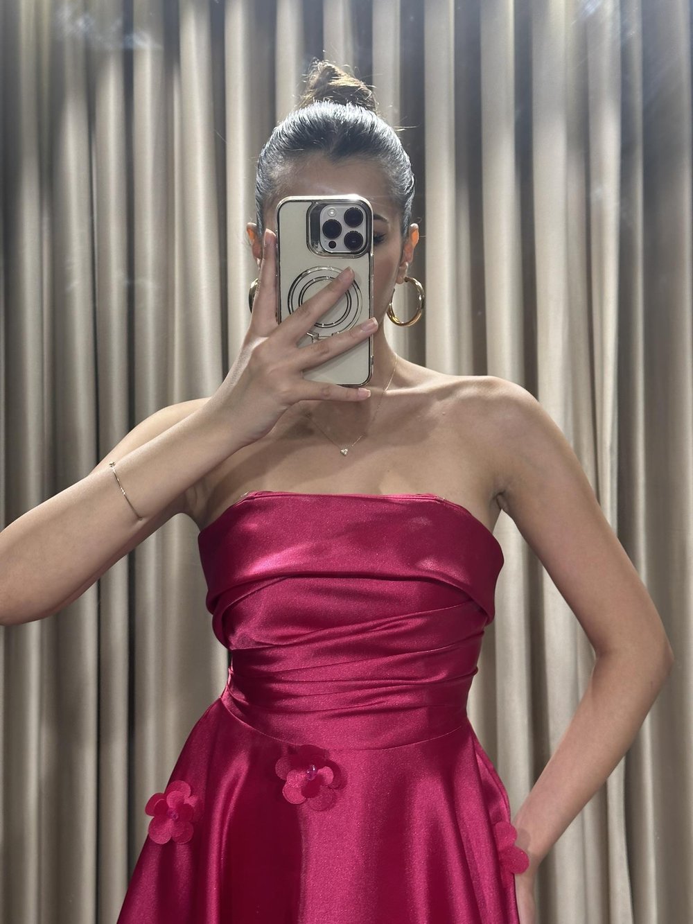 Fuşya Önü Drapeli Uçuş Model Eteği Çiçek Detaylı Prenses Model Abiye Elbise | Kaleiçi Yıldızlar