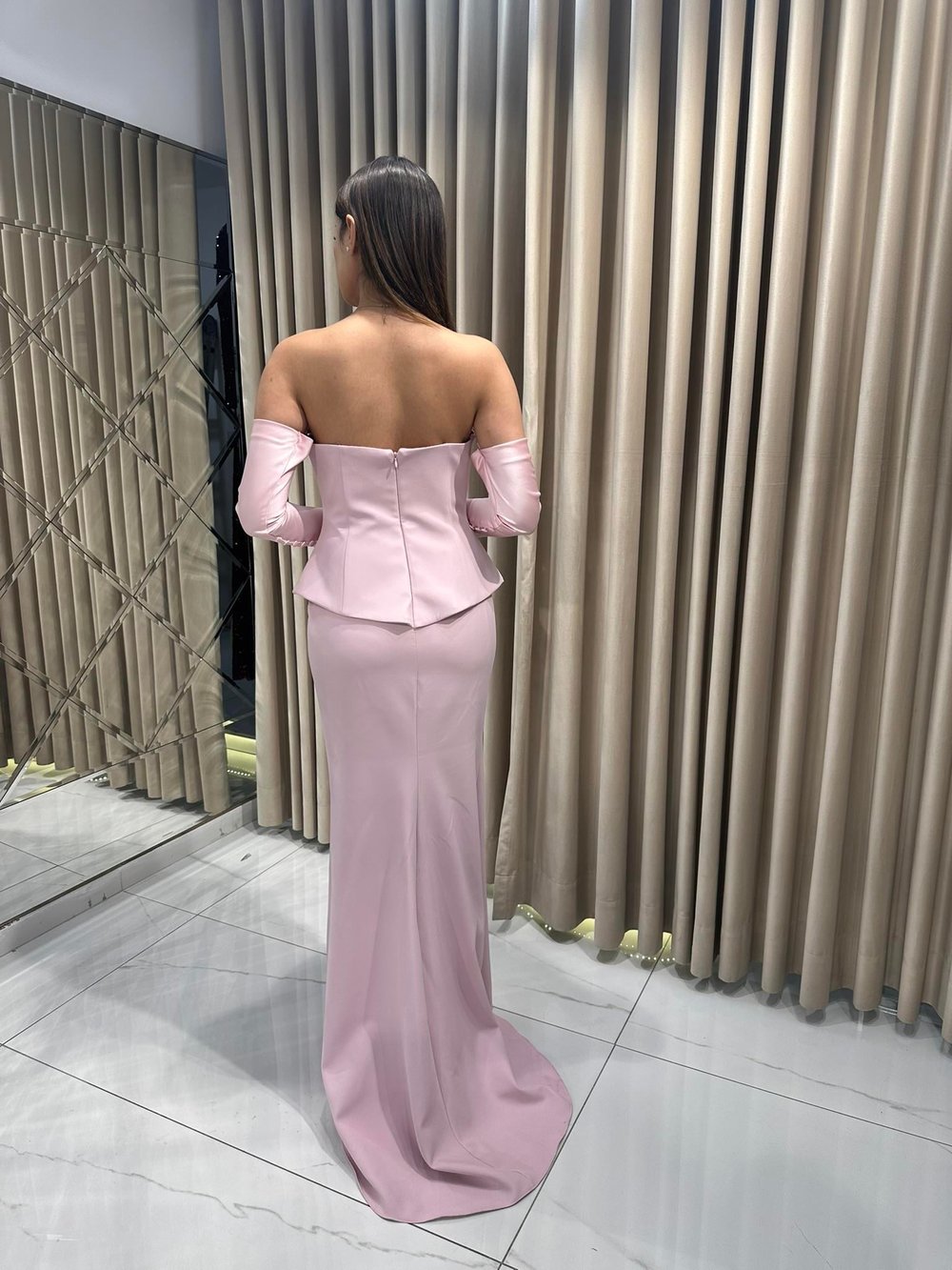 Pudra Staplez Eldivenli Balık Model Abiye Elbise | Kaleiçi Yıldızlar