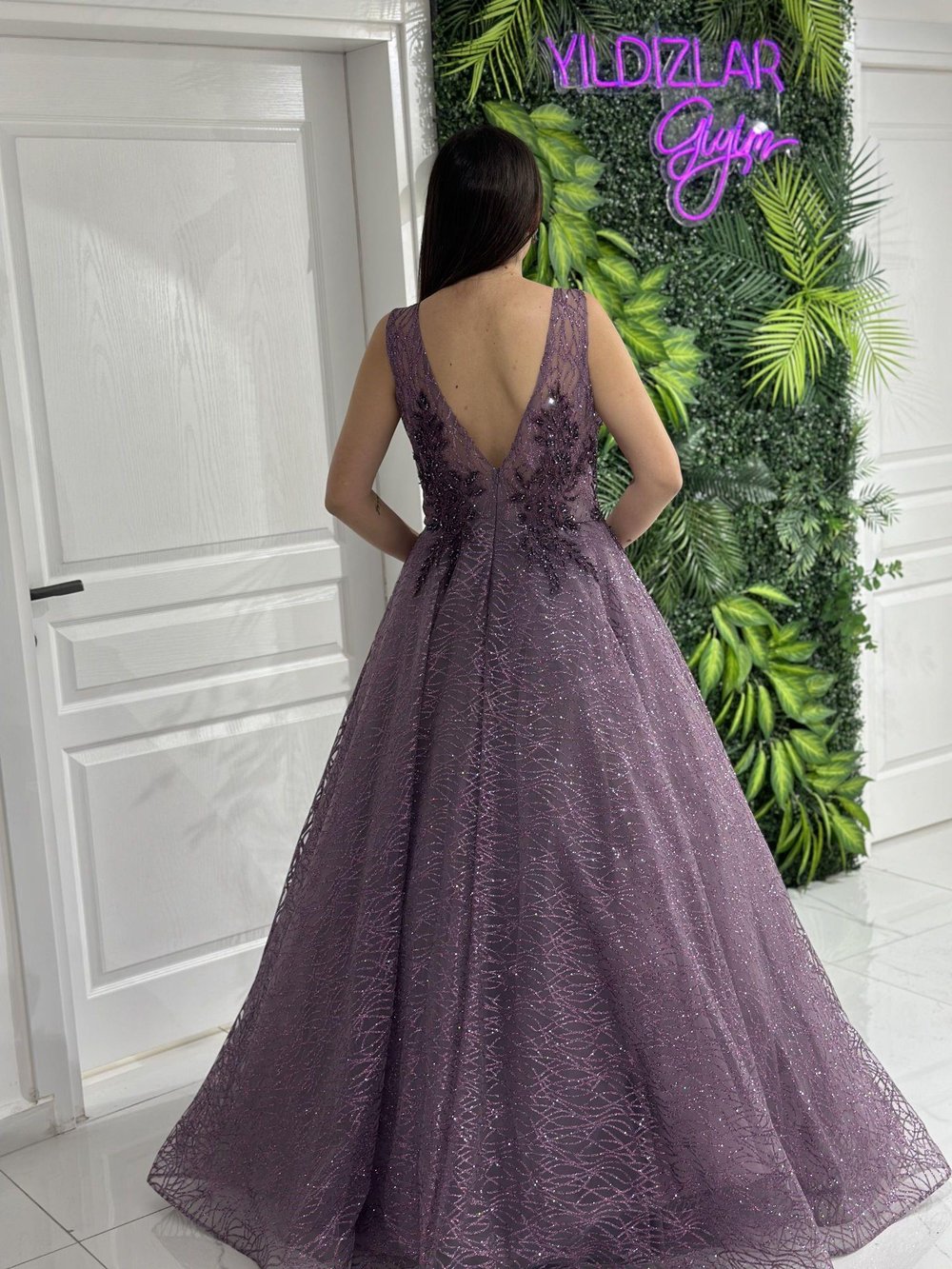 Lavanta Simli Taşlı Helen Kesim Abiye Elbise | Kaleiçi Yıldızlar
