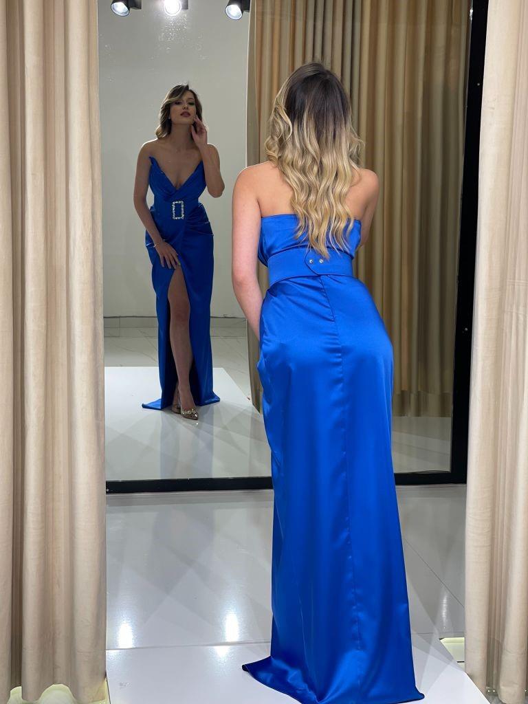 Saks Straplez Sivri Yaka Beli Kemerli Saten Abiye Elbise | Kaleiçi Yıldızlar