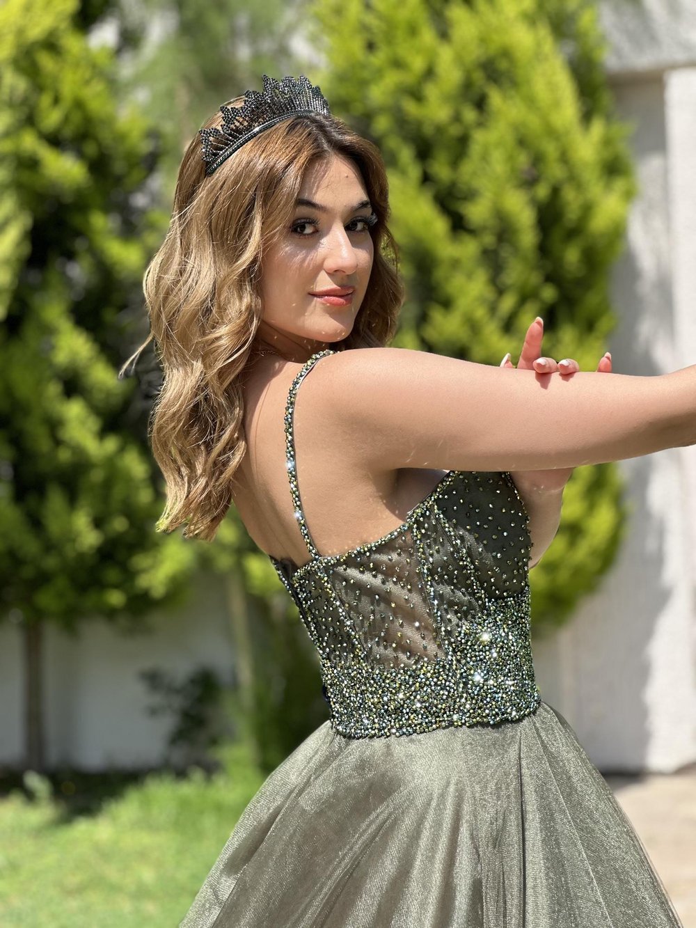 Haki Straplez Üzeri Taş İşlemeli Prenses Abiye Elbise | Kaleiçi Yıldızlar