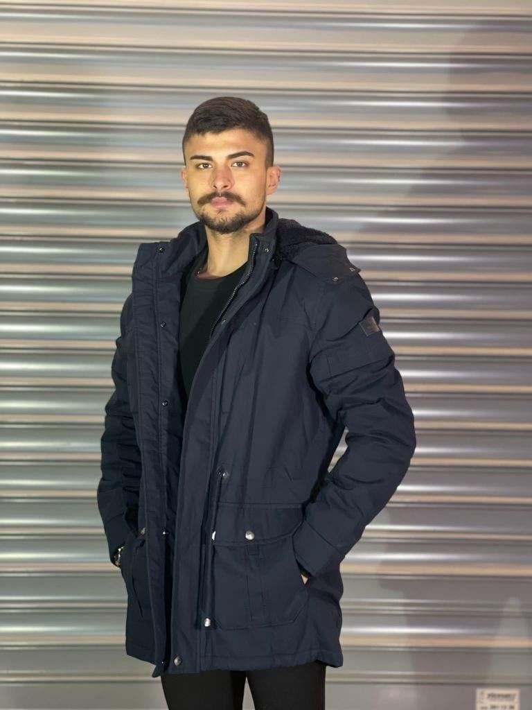 Lacivert Erkek Yıkamalı Dik Yaka Kapşponlu İçi Kürklü Kaban Abiye Elbise | Kaleiçi Yıldızlar