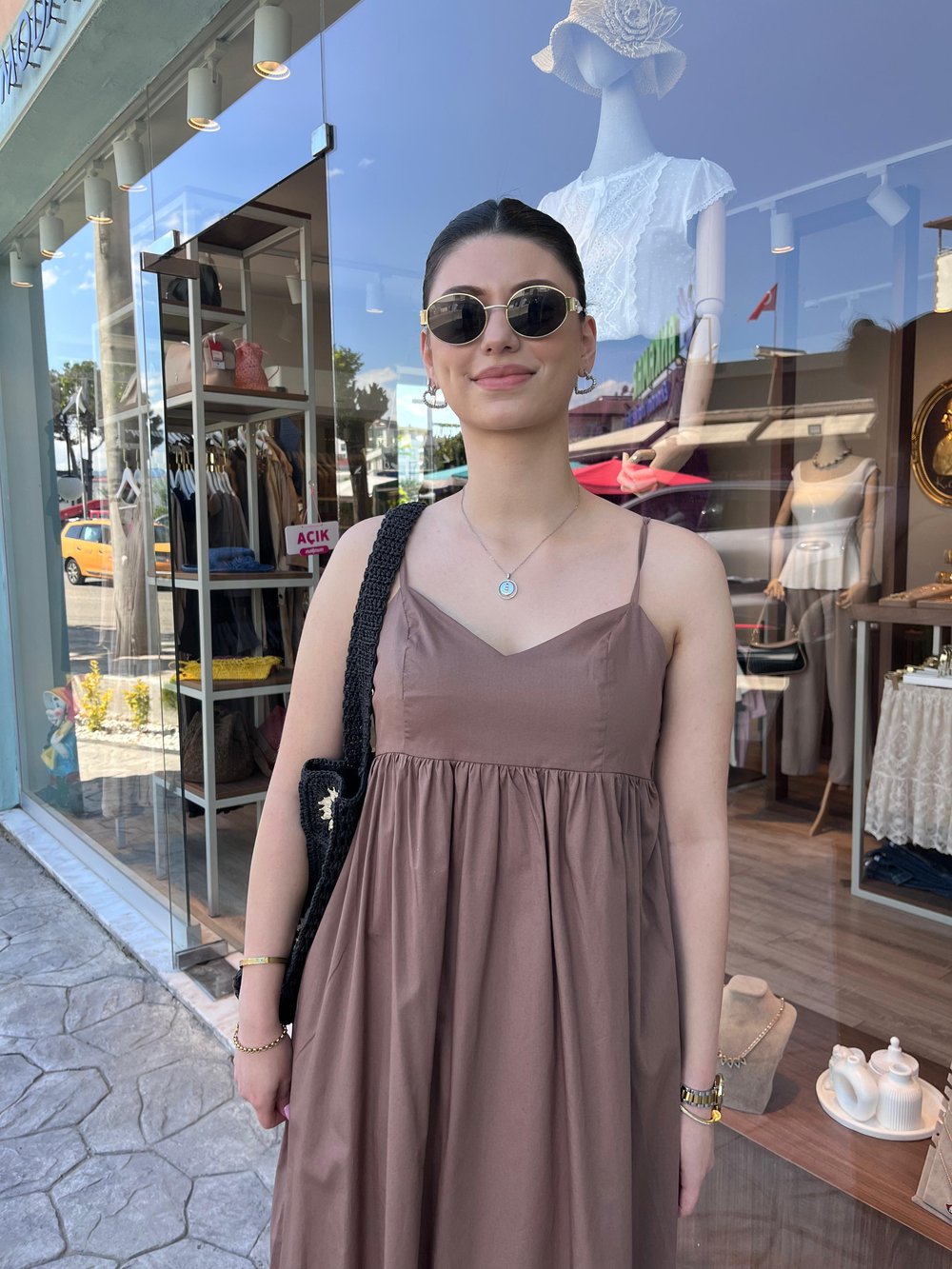 Kahve Askılı Poplin Elbise