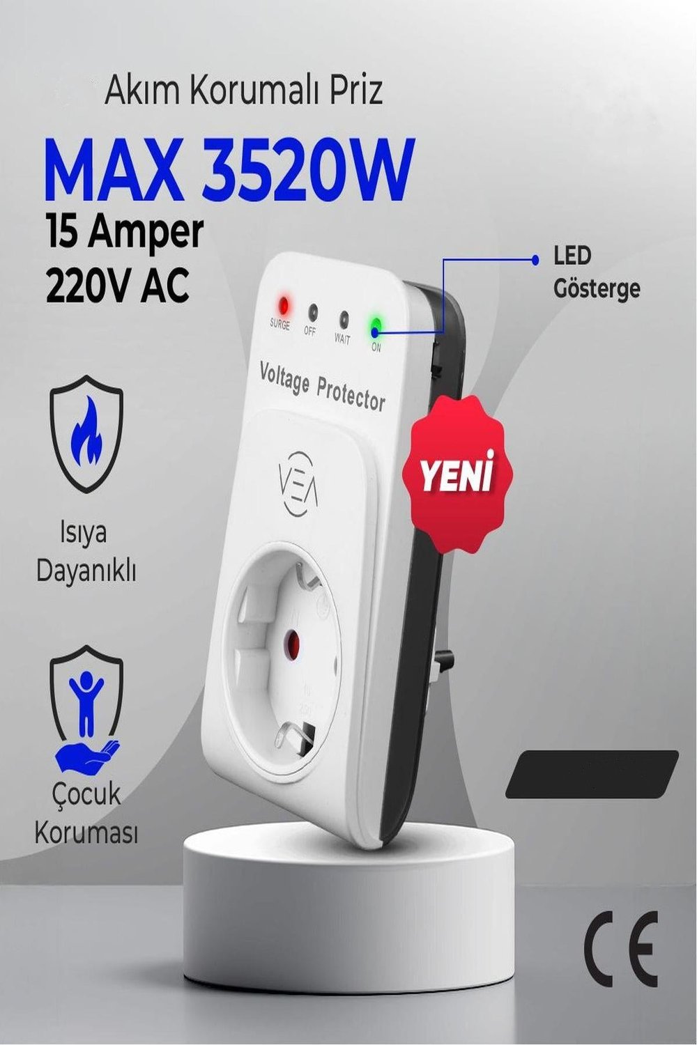 15A 3520W Akım Korumalı Tekli Priz Aşırı Yüksek Gerilim Koruma Dijital Göstergeli