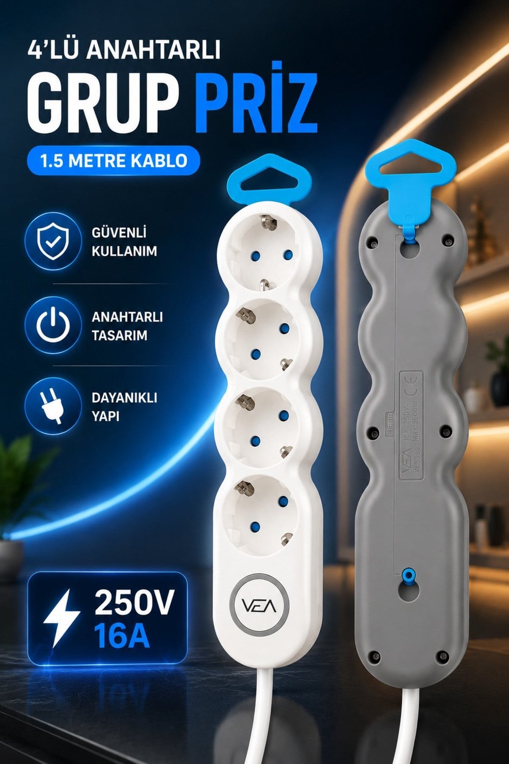 4'lü Grup Priz 1.5 Metre Kablolu Anahtarlı Topraklı Uzatma Kablosu 16A 3680W Beyaz Gri Ev Ofis