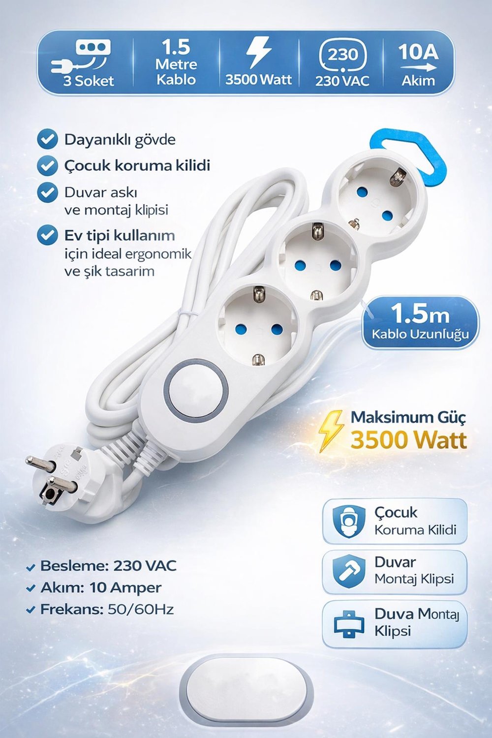 Anahtarlı Üçlü Çoklu Priz 1.5 Metre Kablolu 3500W Çocuk Korumalı Askı Aprat & Duvar Montajlı